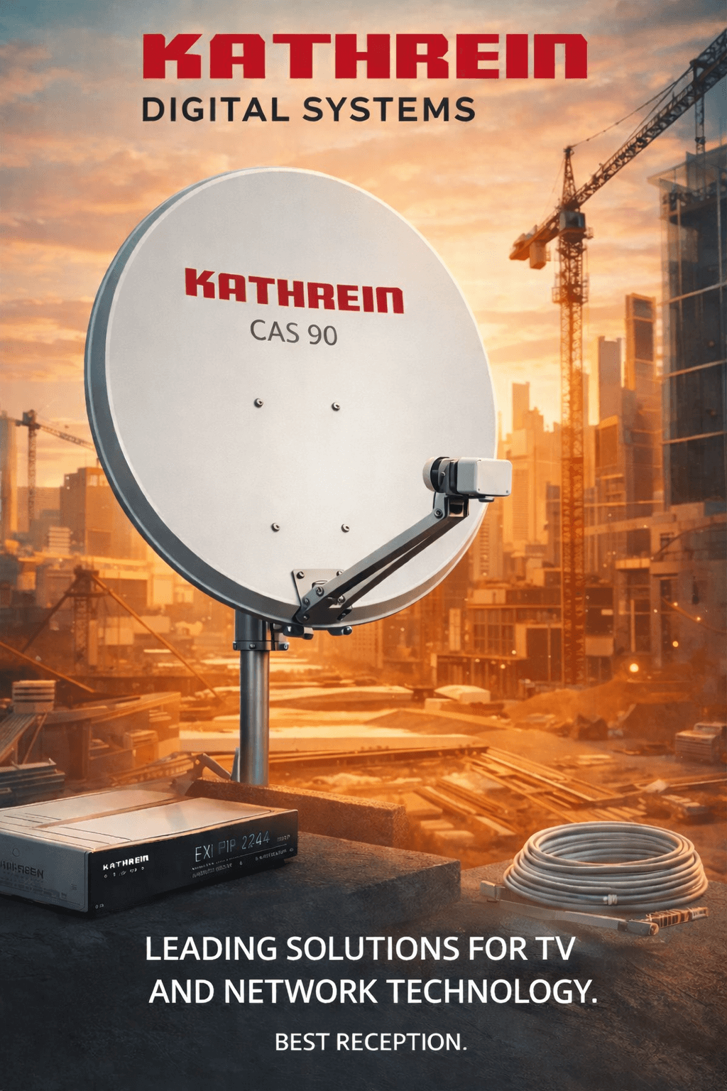Digital headend with coaxial cabling and Kathrein satellite dish in a hotel installation